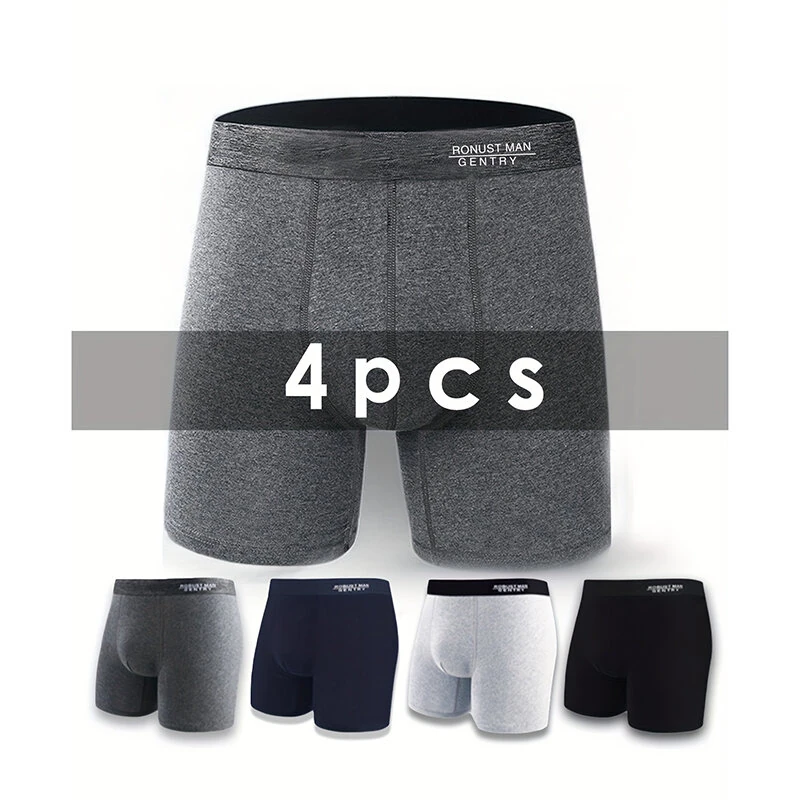 (image for) 4pcs Cotton Long Style Men's Underwear Anti-wear Legs Comfortable Sports Boxer Briefs Set Anti-roll Hem Mid-waist Boxer Shorts Underwear Set