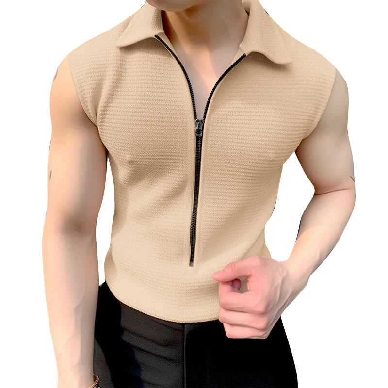 INCERUN Men Tshirts Male Comfy Lapel Sleeveless Zipper Blouse Streetwear Casual Solid Color T-Shirts Leisure Summer Round Neck Tee Tops (image for) INCERUN Men Tshirts Male Comfy Lapel Sleeveless Zipper Blouse Streetwear Casual Solid Color T-Shirts Leisure Summer Round Neck Tee Tops
