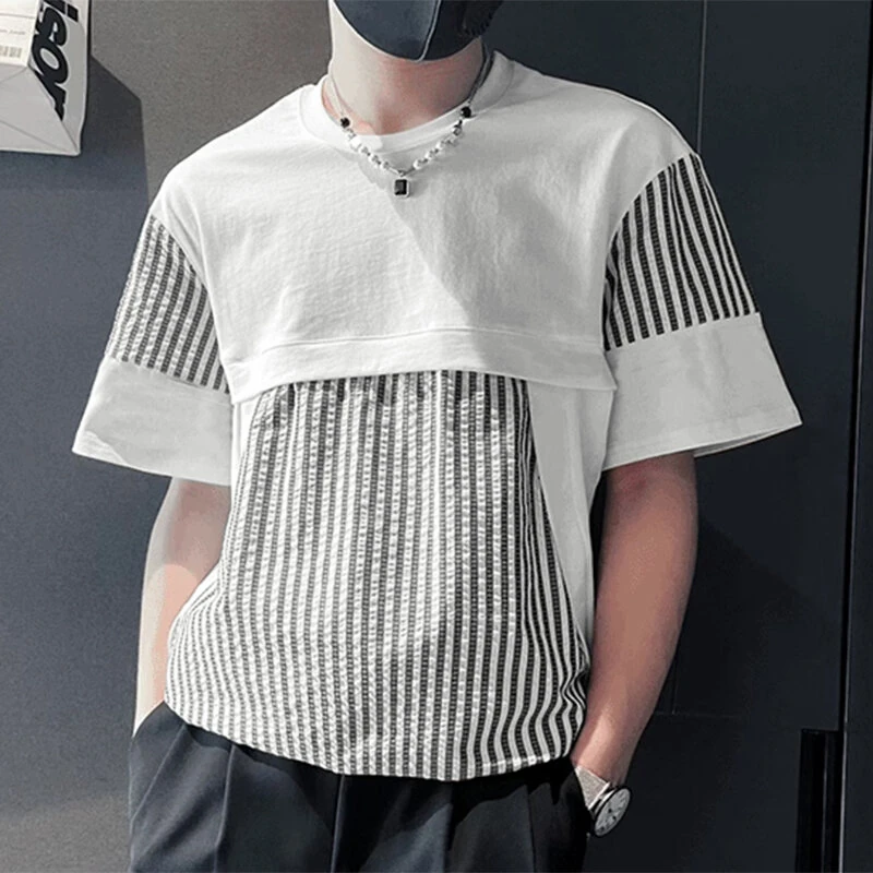 INCERUN Mens Striped Patchwork Short Sleeve T-Shirt Comfortable Casual Crew Neck Top for Male S-5XL (image for) INCERUN Mens Striped Patchwork Short Sleeve T-Shirt Comfortable Casual Crew Neck Top for Male S-5XL